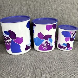 Tupperware one-touch Spring Blossom purple set of 3 lidded canisters.